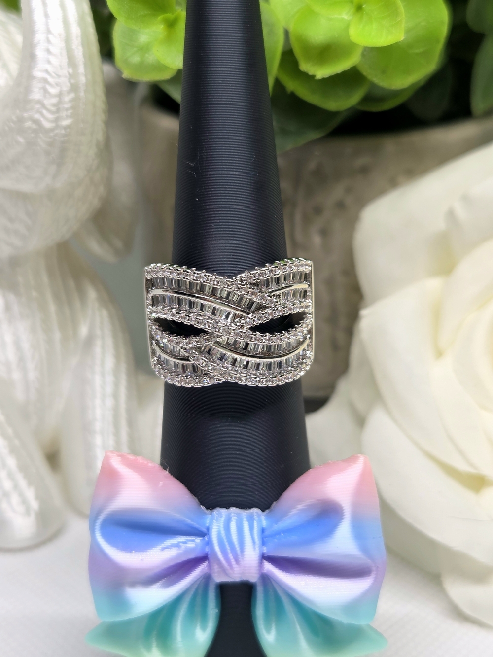 Sterling-Style Silver Crystal Wave Statement Ring